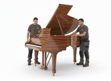 Expert piano handling team with a grand piano